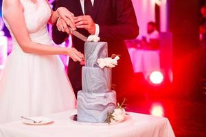 bruidegom snijdend de taart Bij hun bruiloft foto