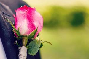 Mens in een grijs pak corrigeert hand- van een rood roos corsages foto