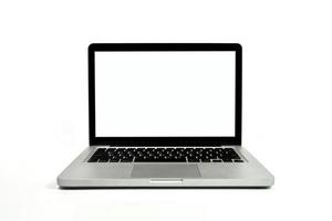 een laptop modern notitieboekje geïsoleerd en leeg scherm wit scherm Aan wit achtergrond visie. foto