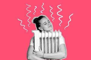 foto collage van een vrouw knuffelen een warm radiator in een zwart wit filter, Aan een tekenfilm achtergrond.