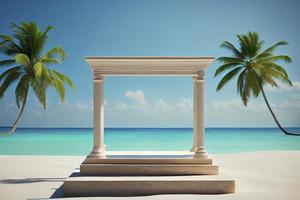 zomer tropisch achtergrond, podium Aan zand strand Aan zee achtergrond foto