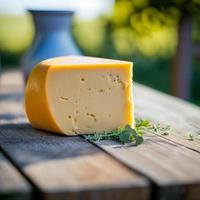 stuk van kaas Aan hout en natuur achtergrond generatief ai foto