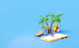 3d mobiel telefoon, smartphone strand stoel met pin, palm boom, paraplu, reddingsboei, koffer, ijs room geïsoleerd Aan blauw achtergrond. zomer reizen concept, 3d geven illustratie foto