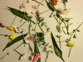 boeket van veel van bloemen verspreiding Aan de tafel verdieping foto