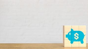 de blauw varkentje bank Aan hout kubus voor bedrijf concept 3d renderen foto