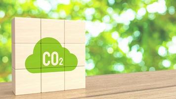 de co2 icoon Aan hout kubus voor milieu concept 3d renderen foto