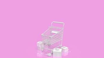 de wit supermarkt kar en geschenk doos Aan roze achtergrond 3d renderen foto