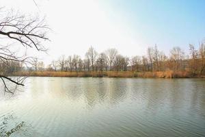 herfst natuur met bomen en rivier- water met reflectie foto