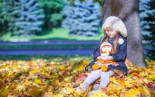 schattig weinig meisje Bij warm zonnig herfst dag buitenshuis foto