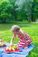 aanbiddelijk weinig meisje Aan picknick buitenshuis in de buurt de meer foto