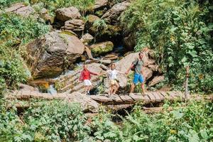 mooi kinderen en gelukkig Mens in bergen in de achtergrond van mist foto