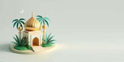 3d mini moskee met gouden koepel voor Ramadan banier foto