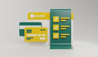 3d geven bank account boek met credit debiteren kaart en transactie controleren, betaling internet bank concept illustratie foto