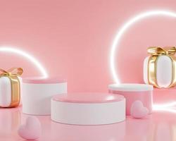 3d weergave. roze hart geschenk doos en podium staan naar tonen Product Scherm Aan roze kleur achtergrond en ring licht. abstract minimaal meetkundig vormen backdrop voor Valentijn dag ontwerp foto