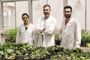 groep van wetenschappers onderzoeken planten in een serre. foto