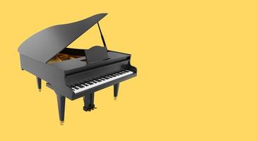 realistisch zwart groots piano, een musical instrument. 3d weergave. icoon Aan geel achtergrond, ruimte voor tekst. foto