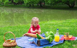 aanbiddelijk weinig meisje hebben pret Aan picknick foto