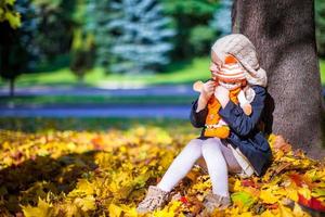 mooi mode meisje zit onder een esdoorn- boom met pop Aan zonnig herfst dag foto