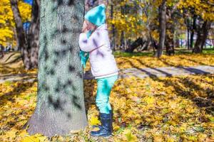weinig meisje spelen verbergen en zoeken in de buurt de boom in herfst park foto