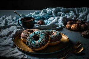 donuts Aan wit achtergrond, perfect voor reclame, verpakking, menu's, kookboeken. markeren structuur en details, schot van bovenstaande, hoge resolutie geschikt voor afdrukken, affiches, banners en meer foto