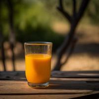 glas van oranje sap Aan hout tafel achtergrond illustratie afbeeldingen 3d geven ai gegenereerd foto