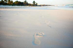 menselijk voetafdrukken Aan de wit zanderig strand foto