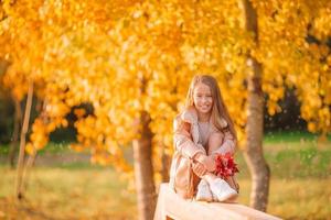 portret van aanbiddelijk weinig meisje met geel bladeren boeket in vallen foto