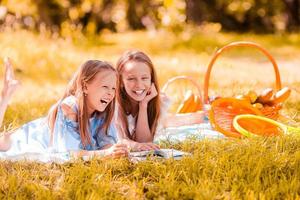 twee weinig kinderen Aan picknick in de park foto