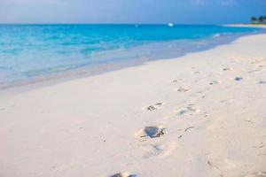menselijk voetafdrukken Aan wit zand strand foto