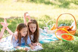 twee weinig kinderen Aan picknick in de park foto