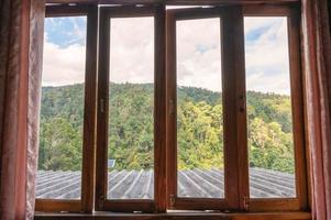houten venster met gordijn van lokaal homestay tussen tropisch regenwoud in vakantie foto