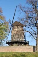 windmolen in stad- muur van zonen dichtbij naar neus en slapen Bij Rijn rivier, duitsland foto