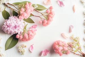 mooi roze bloemen Aan wit houten achtergrond, Valentijnsdag dag concept met kopiëren ruimte foto