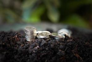 stapel van zilver munten met groen natuur achtergrond. geld besparing en bedrijf financiën concept, bedrijf groei en geld toekomst, financieel succes foto