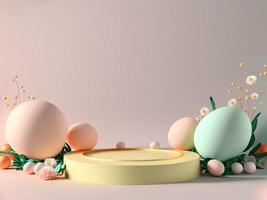 3d renderen van Pasen achtergrond banier met Product podium fase, eieren, en bloem foto