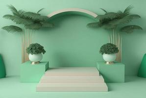 realistisch 3d renderen illustratie van zacht groen podium met blad in de omgeving van voor Product tafereel foto