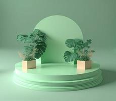 realistisch 3d renderen illustratie van pastel groen podium met bladeren in de omgeving van voor Product staan foto