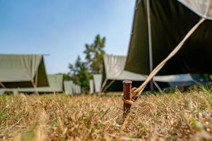 de gemakkelijk en normaal leeg canvas tenten in de rij en kolom Aan de gras veld- Bij buitenshuis veld- in middag tijd. foto