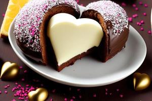 fotografie van een chocola hart vormig donut met chocola, liefde, hart, valentijn, foto