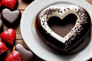 fotografie van een chocola hart vormig donut met chocola, liefde, hart, valentijn, foto