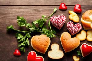 fotografie van wit brood en gekookt worst voor maken harten , liefde, hart, Valentijn foto