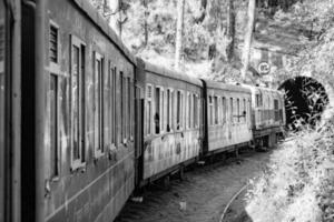 speelgoed- trein in beweging Aan berg helling, mooi visie, een kant berg, een kant vallei in beweging Aan spoorweg naar de heuvel, tussen groen natuurlijk Woud. speelgoed- trein van kalka naar shimla in Indië foto