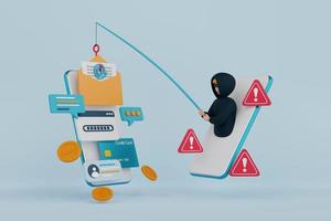 3d illustratie van gegevens phishing concept, hacker en cyber criminelen phishing stelen privaat persoonlijk gegevens, wachtwoord, e-mail en credit kaart. online scam, malware en wachtwoord phishing. foto