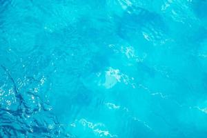 wazig transparant blauw gekleurd helder kalm water oppervlaktetextuur met spatten en bubbels. trendy abstracte natuur achtergrond. watergolven in zonlicht. water achtergrond foto