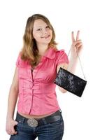 mooi glimlachen jong vrouw met een handtas. geïsoleerd foto
