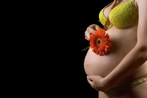 buik van een zwanger jong vrouw met bloem foto