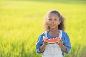 zwart huid schattig weinig meisje aan het eten watermeloen buitenshuis groen rijst- veld- backdrop Afrikaanse kind aan het eten watermeloen foto