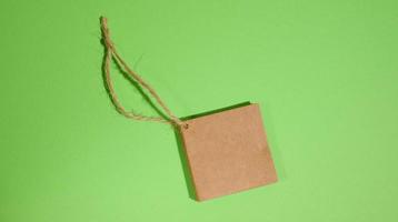 bruin papier plein papier label met touw Aan groen achtergrond foto