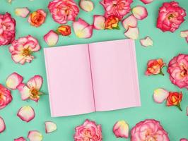 Open notitieboekje met roze blanco Pagina's foto