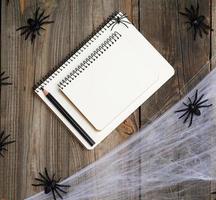Open notitieboekje met blanco wit Pagina's, spin web en zwart spinnen foto